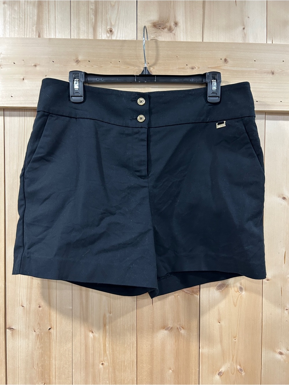 Anne Klein Chic Black Tailored Flat-Front Shorts with Gold Logo Hardware, Sz 10
